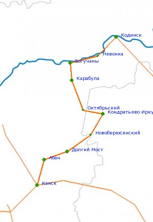 Карта-схема автодороги Канск - Кодинск