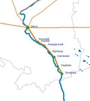 Карта-схема автодороги М-38 Черлакский тракт Омск - Татарка