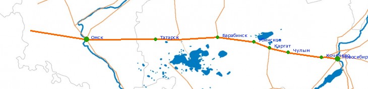 Карта-схема автодороги М-51 (Р-254) Байкал (с 01.01.2018 - Иртыш) Челябинск - Новосибирск
