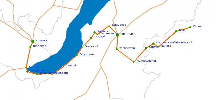 Карта-схема автодороги М-55 (Р-258) Байкал Иркутск - Чита