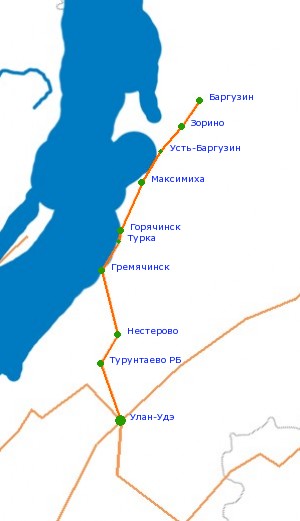 Карта-схема автодороги Улан-Удэ - Баргузин